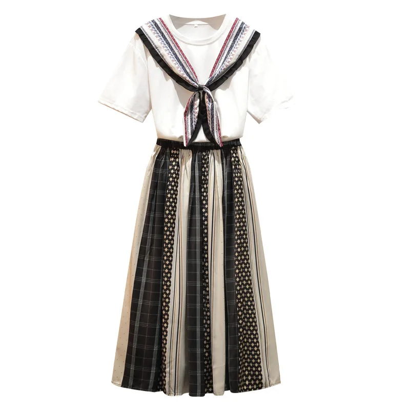 

Women Casual temperament Large size sets Summer Loose Short-Sleeved T shirt Skirt Casual Suit two piece set skirt Female Full