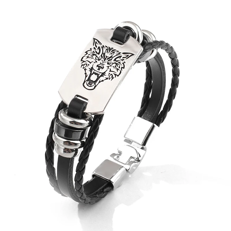 Многослойный кожаный браслет из нержавеющей стали с изображением головы волка в