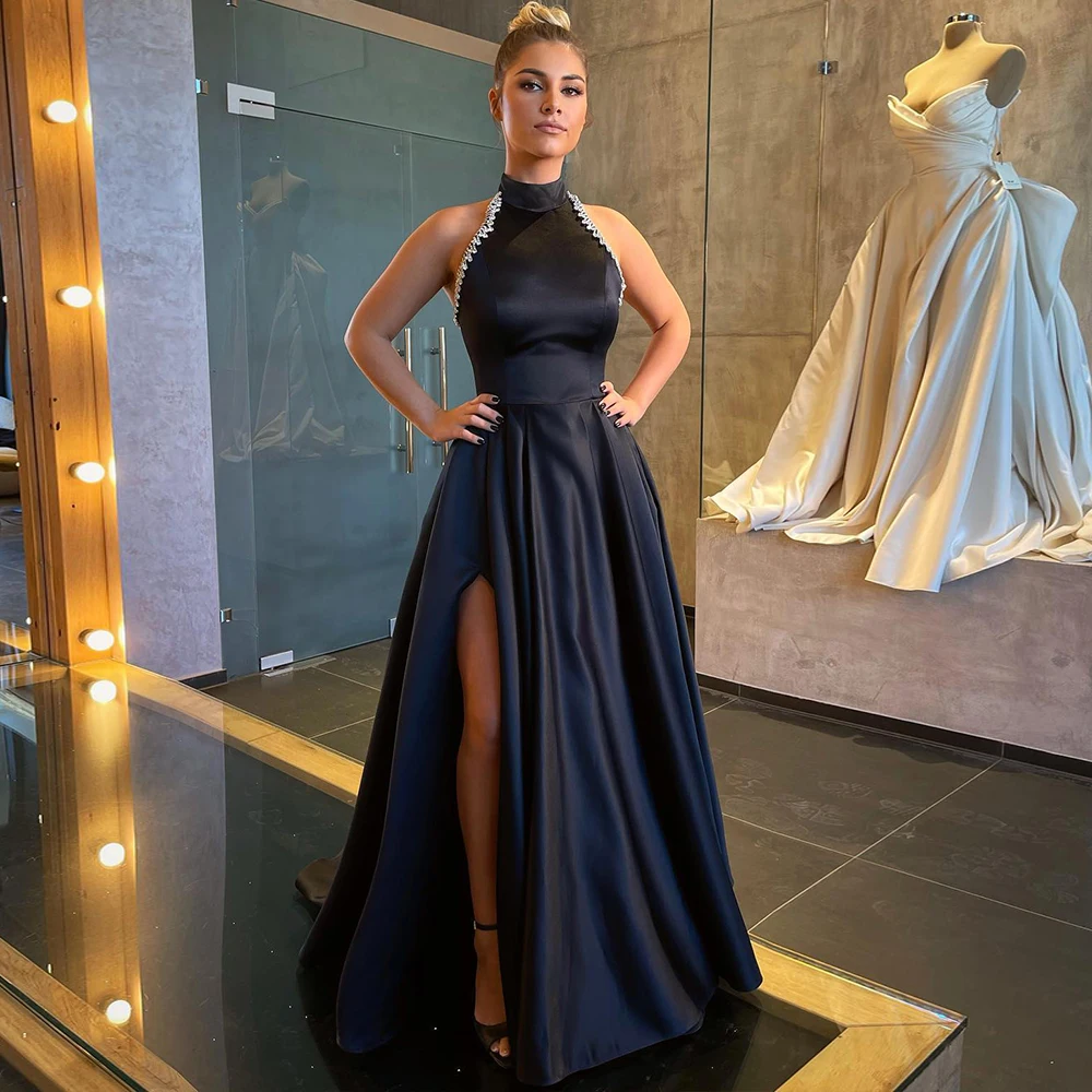 

Женское атласное вечернее платье с лямкой на шее, простое кружевное платье-трапеция с открытой спиной и разрезом, модель 2023 года