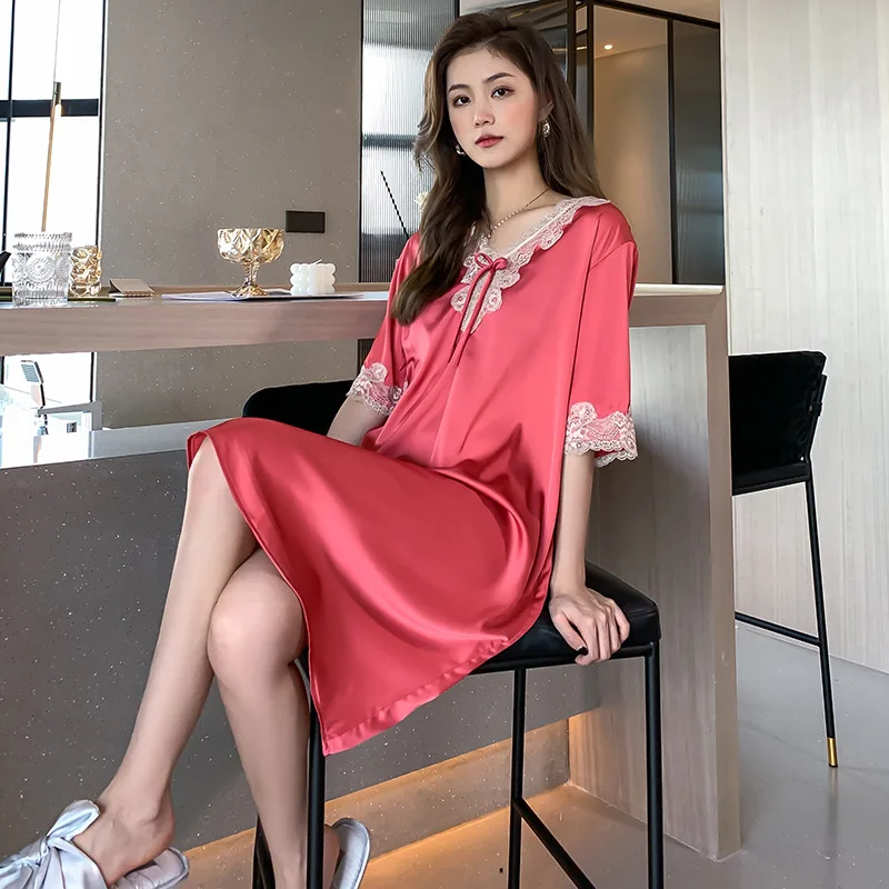 

Bowknot Nightgown Sleep Dress Sexy Female Home Wear With Lace Sleepwear Satin Nightgown Autumn New Nightwear Night Dress Gown