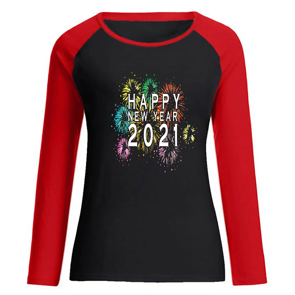 

Women's T Shirt Letter Printed New Year 2021 Patchwork Women Clothing Casual Pullovers Long Sleeve Top Female T Shirt Tops