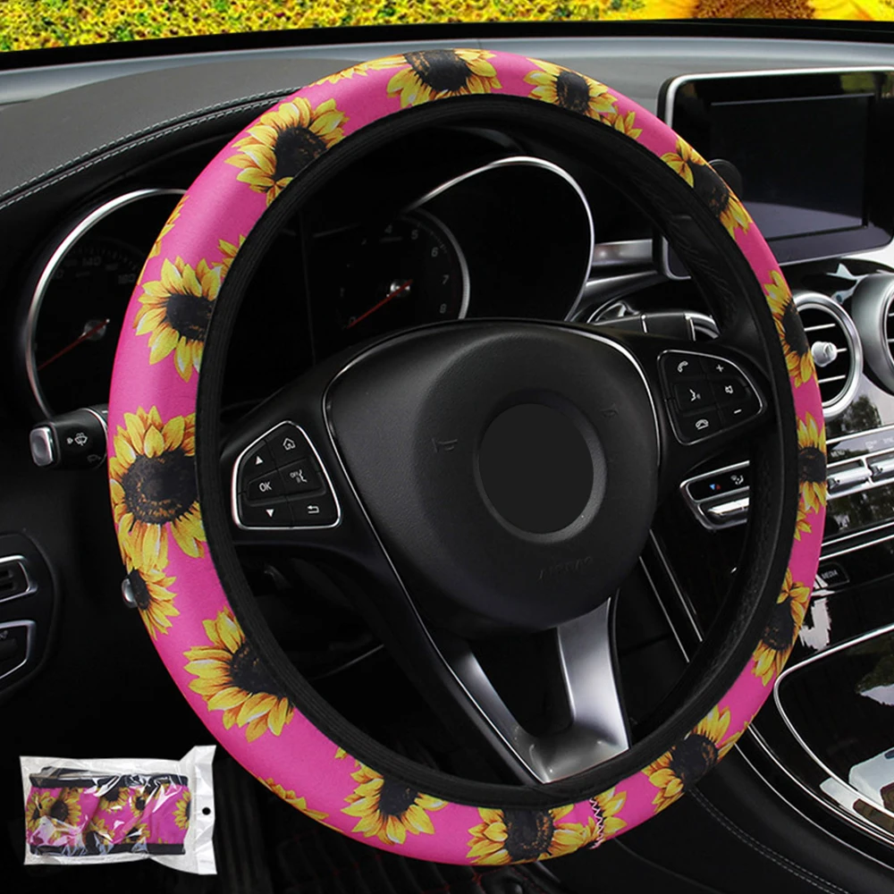 

Sunflower Floral Print Car Steering Wheel Cover Car Styling Universal Steering Covers Auto Non Slip Stretchy Neoprene