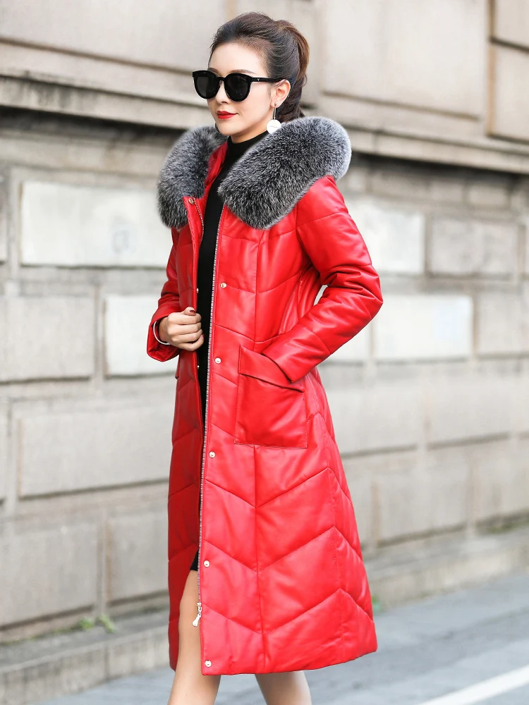 Leather Down Jacket Female Long Section 2020 New Slim Sheep Belt Cap Fox Fur Collar Female Big size High Quality Leather Jacket