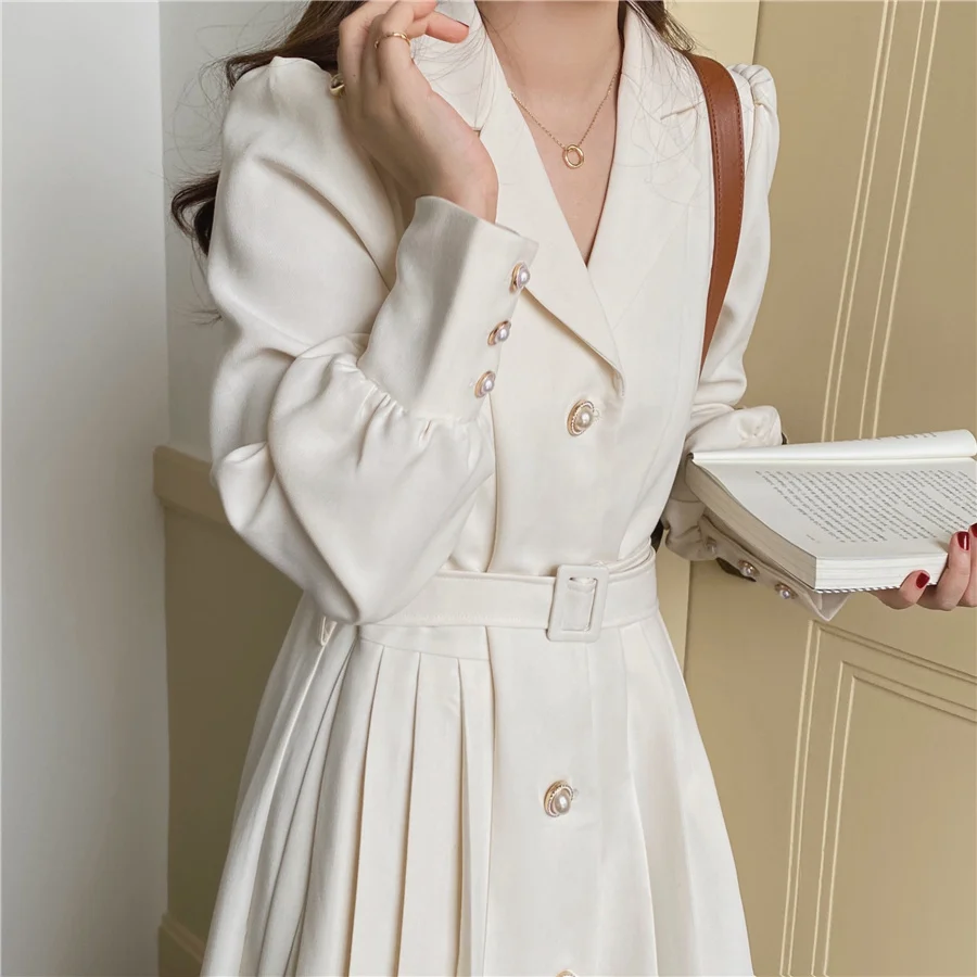 

Chiffon Loose Women Dresses New Fashion Casual Long Sleeve Dress A-LINE Mid-Calf Solid Color V-neck Autumn Houthion