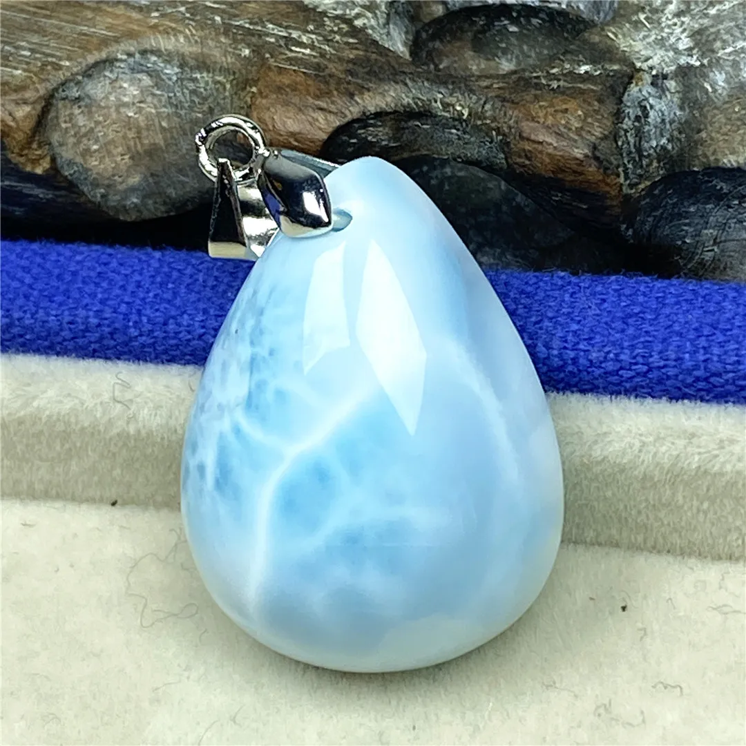 

Natural Blue Larimar Stone Pendant Jewelry For Women Man Dominica Crystal Love Gift 25x19x11mm Beads Silver Water Pattern Stone