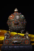 8chinese temple collection old tibetan silver mosaic gem dzi bead prayer wheel unicorn statue stupa chanting town house