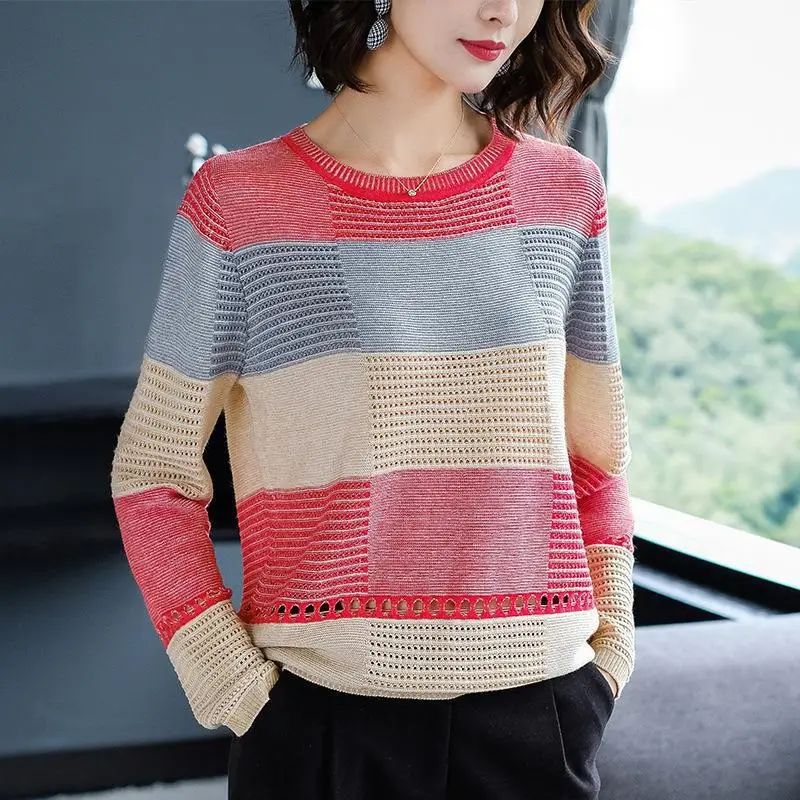 

Women Pullover Sweater 2021 Spring Autumn Long Sleeve Hollow Out Thin Knitted Tops Female Round Neck Casual Loose Knitting Shirt
