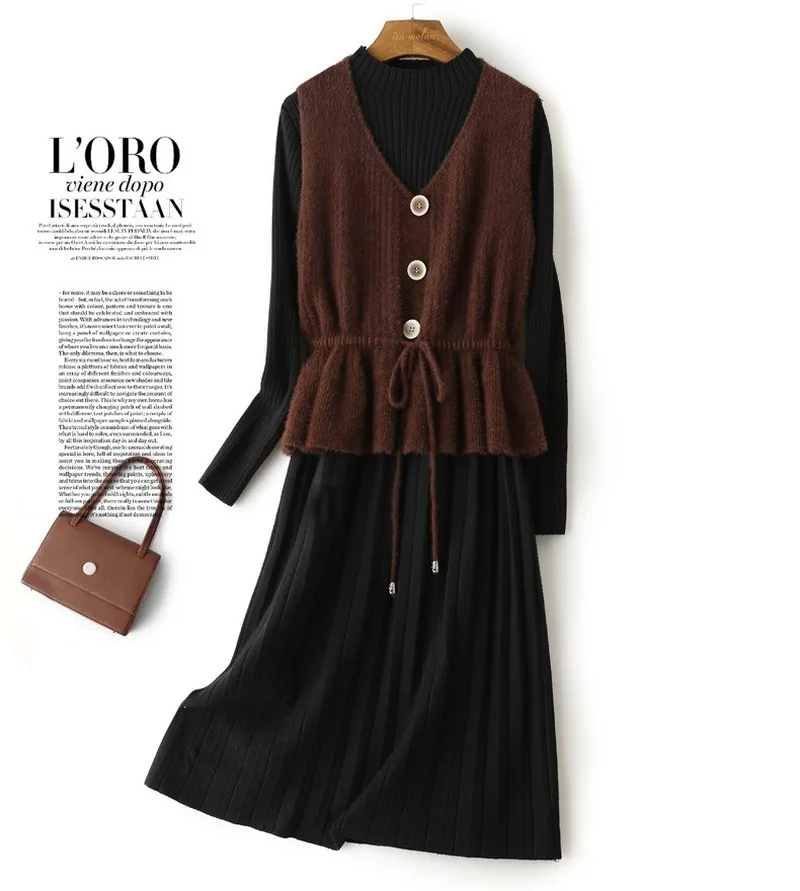 

Two Pieces Knitted Sweater Women 2020 O-neck Autumn Winter Woman Sweaters Long Sleeve Pullover Ladies Jumper Soft Dress Tops