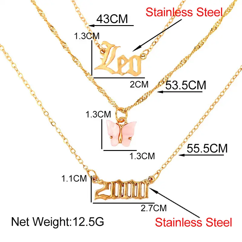 

Punk Multilayer Gold Color Leo Letter Year Number Pendant Chain Necklace For Women Cute Butterfly Choker Necklace Trendy Jewelry