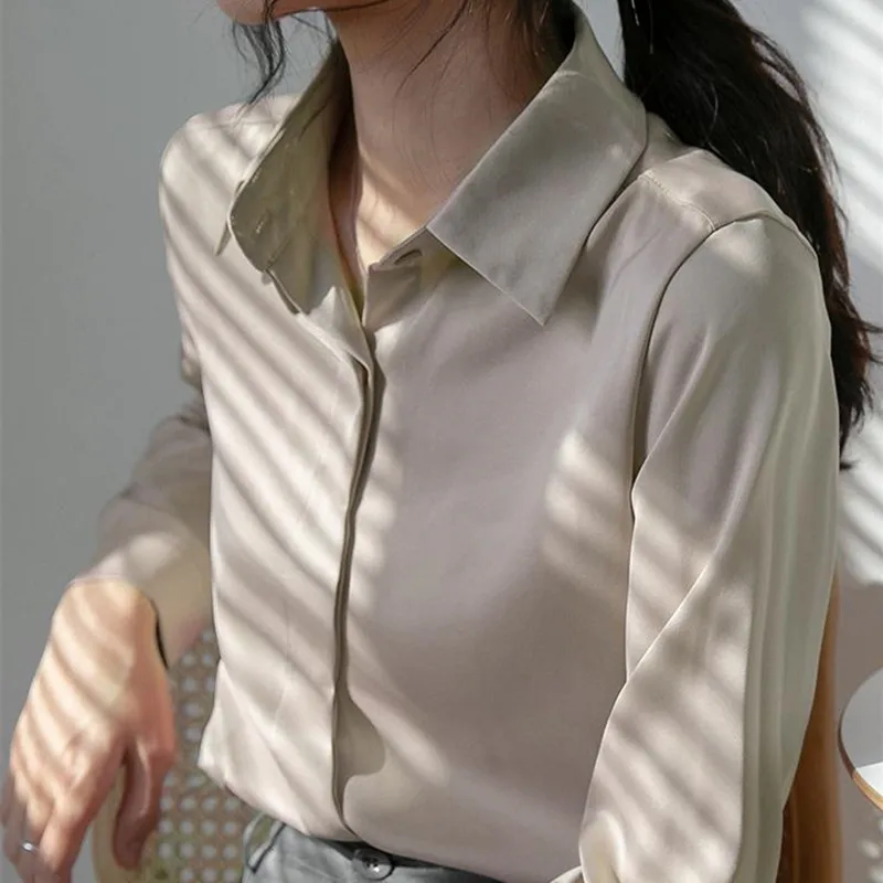 

2021 New Spring Autumn OL Elegant Minimalist Satin Career Suit Shirt Women Chiffon Blouses Loose Lapel Long Sleeve Tops