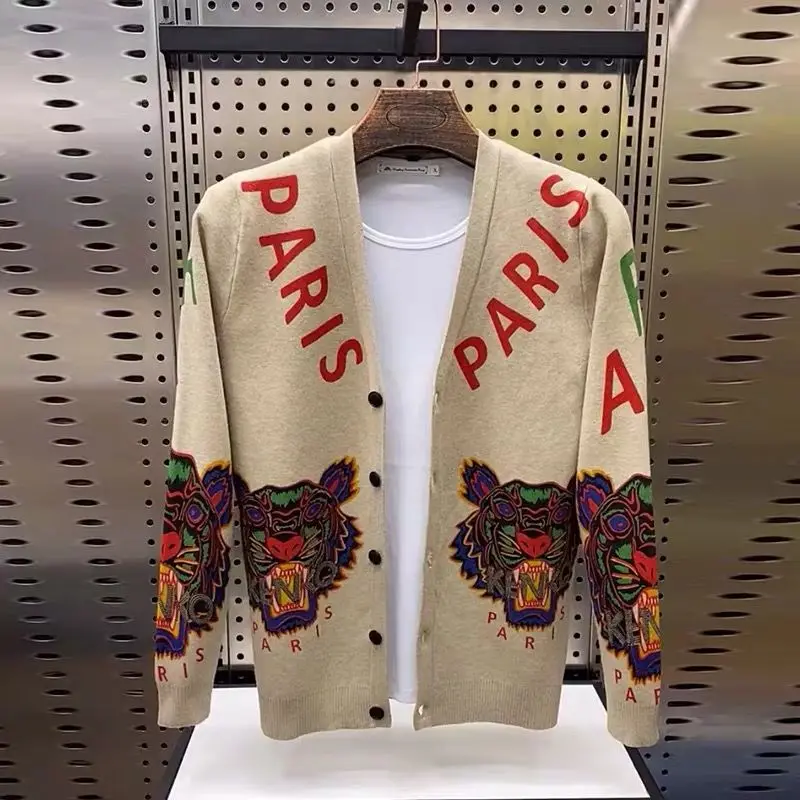 

2021 trend cardigan coat men's society jacquard sweater jacket spirit guy personality Joker coat thin