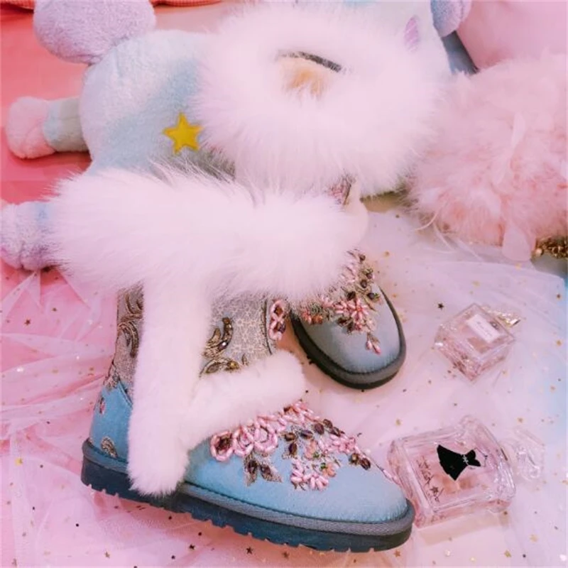 

Buttercup rabbit hair national heavy work bead court court retro flat female cotton shoes snow boots