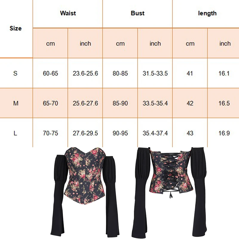 

Women's Overbust Sexy Push Up Gothic Corset Long Sleeves Off Shoulder Bustier Slimming Shapewear Steampunk Corselet Top Blouse