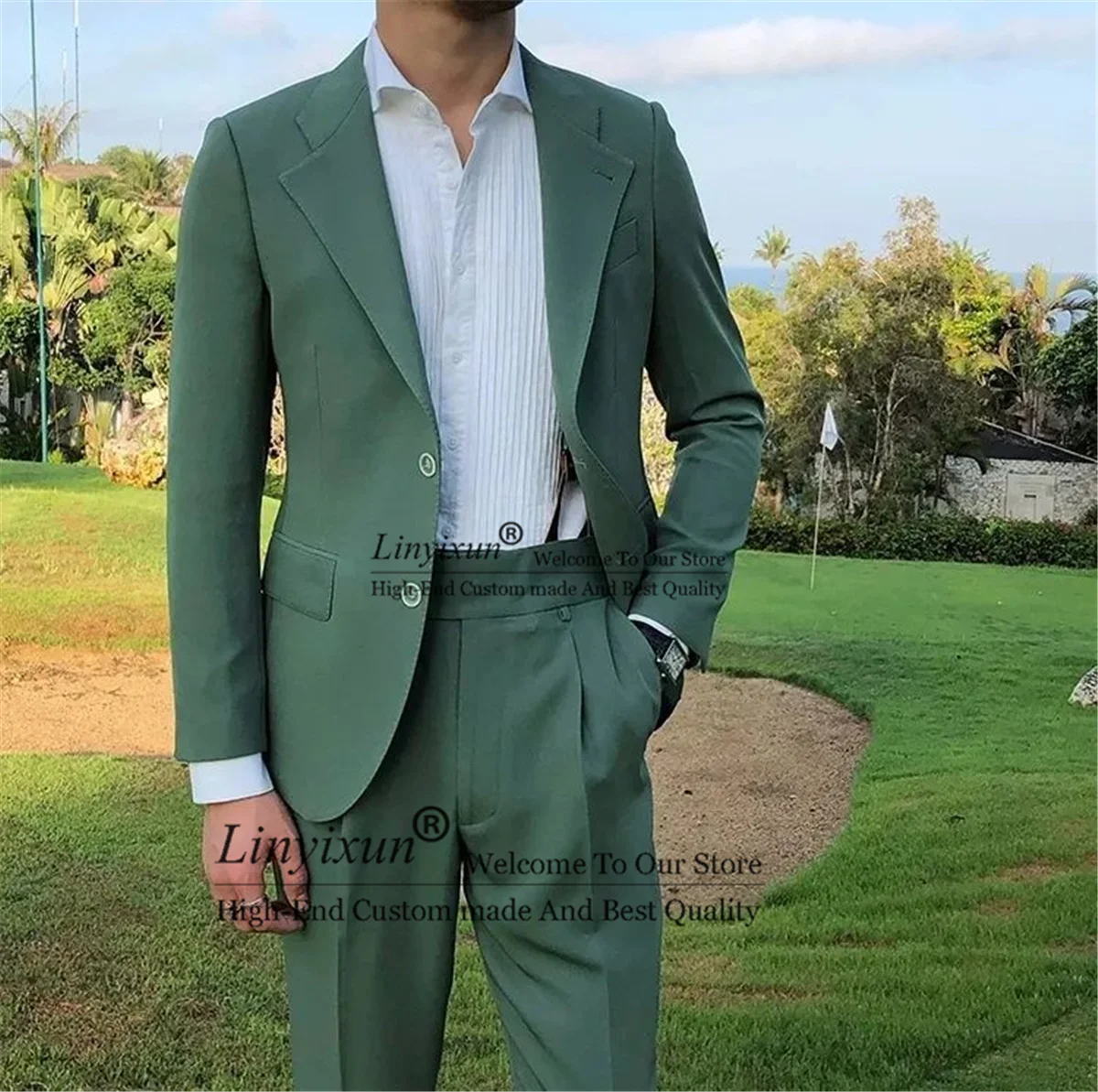 

Green Slim Fit 2 Pieces Tuxedos Groom Wedding Men Suits Notched Lapel Blazer Groomsmen Party Prom Terno Masculino Jacket&Pants