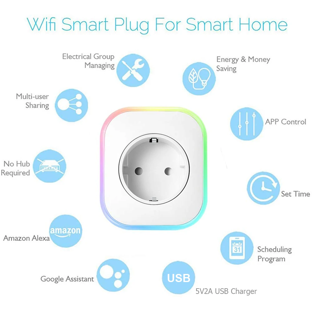 

Smart Plug Socket WiFi Outlet Remote Control Timer Switch RGB Light USB Output Plug Works with Amazon Alexa Google Home D30