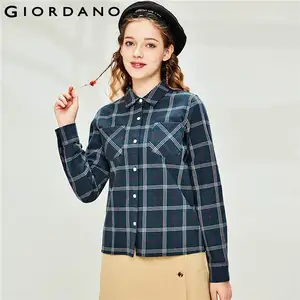 Рубашка Giordano Женская фланелевая в клетку, блузка с отложным воротником и косыми карманами, Повседневная Мягкая блузка с длинным рукавом, 05340886