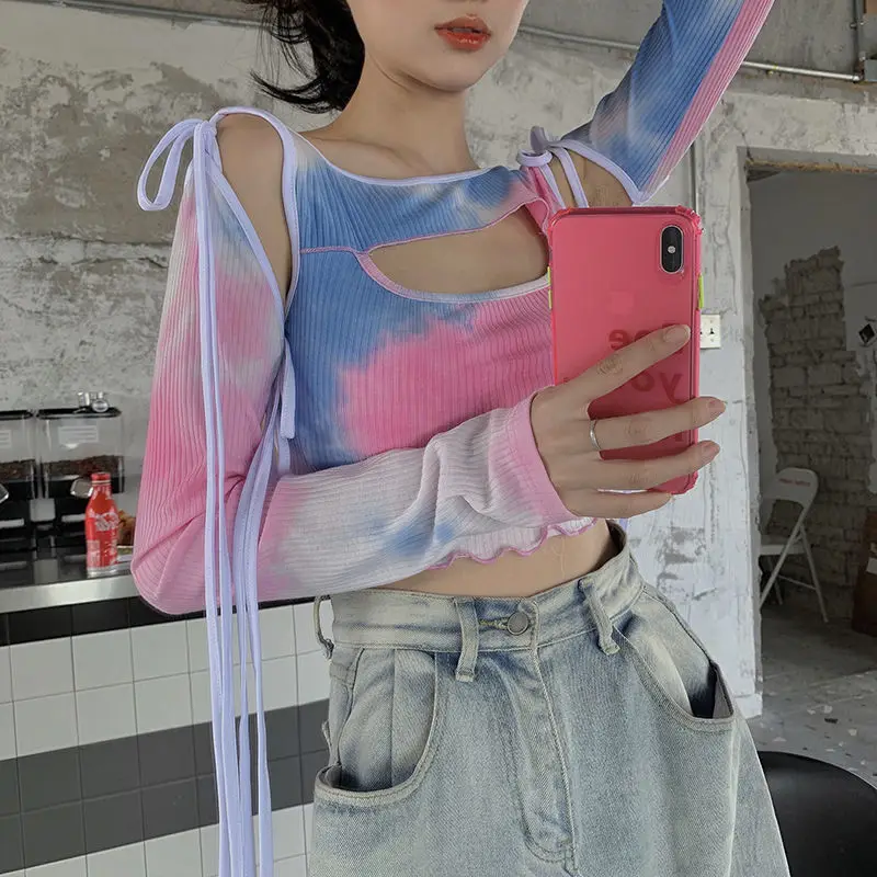 

WenQing Womens Casual Slim INS Fashion Tie Dye Sexy Front Keyhole Short Cropped Ruffles Long Sleeve Ice Silk Tops Tees T Shirts