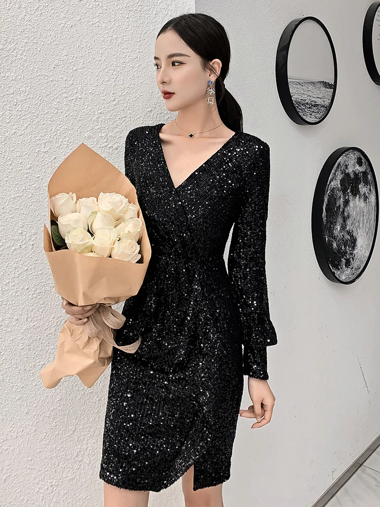 

Black Sequins Evening Dress Female Banquet Sequined Long Sleeves Birthday Sparkling Evening Gowns Vestidos De Fiesta De Noche