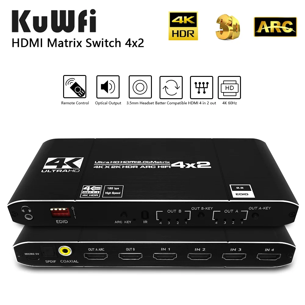 KuWFi HDMI 2 0 матрица 4x2 4K60Hz переключатель сплиттер HDCP2.2 EDID 4K x 2K HDR ARC HIFI SPDIF COAX 3 5 мм
