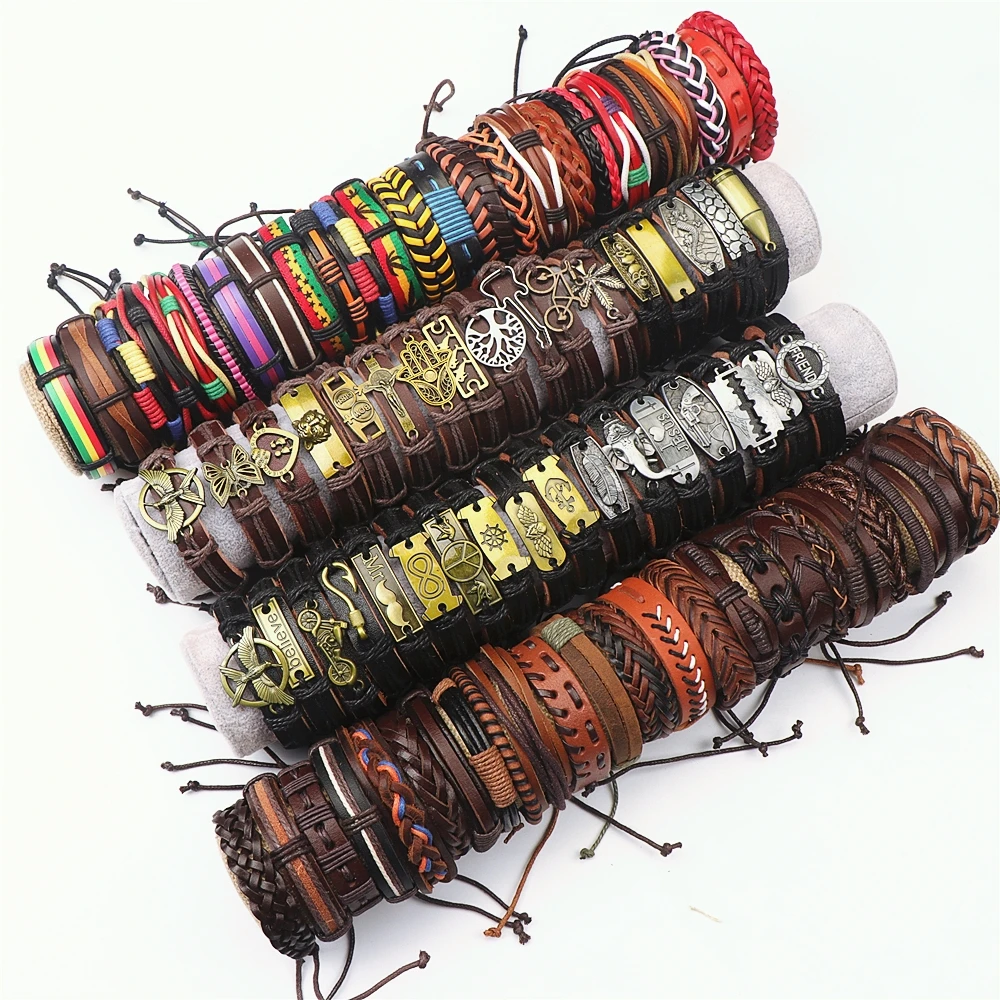 

20pcs/lot Vintage Leather Bracelets For Women Men Adjustable Handmade Braided Bangle Jewelry Mix Style (3style choose)