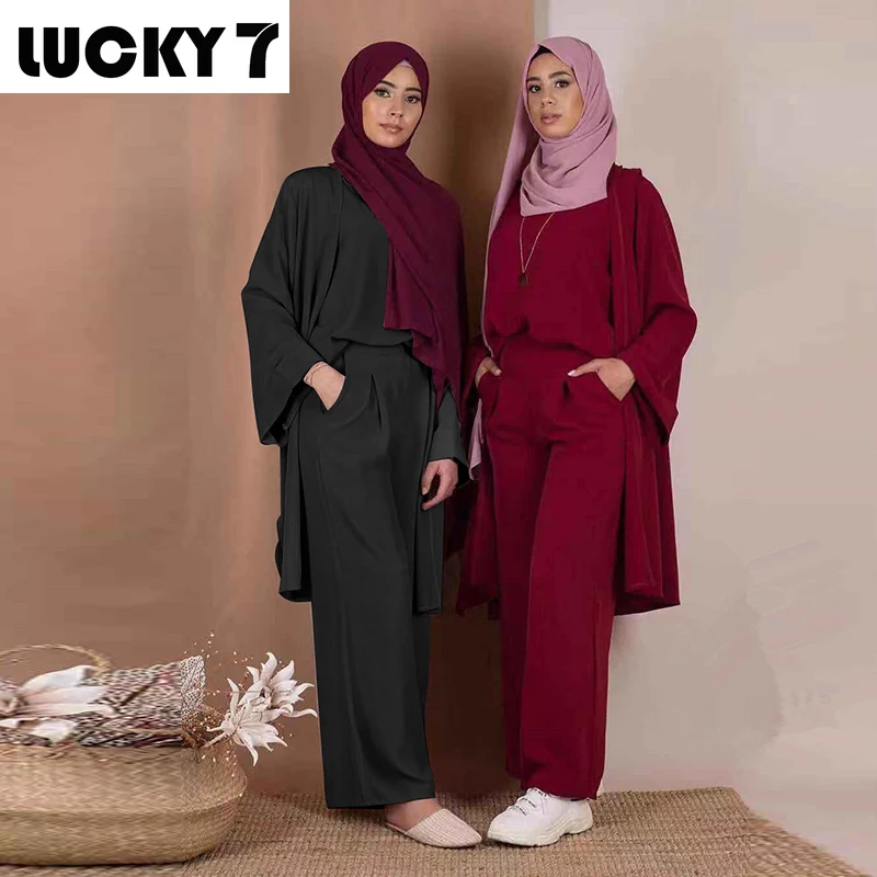 

Three-piece Abaya Turkish Kimono Tops Pants Muslim Dress Abayas Hijab Robe Dubai Caftan Kaftan Islam Clothing For Women Djellaba