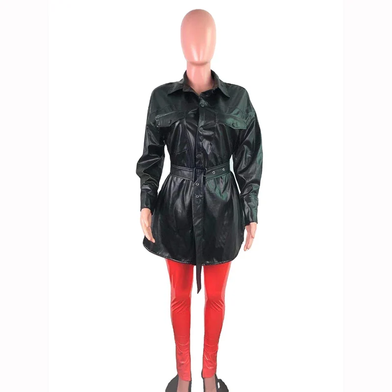 

PU Solid Color Sashes Button Turn-Down Collar Long Sleeves Jacket New Autumn Women Coat Cool Style Outfits