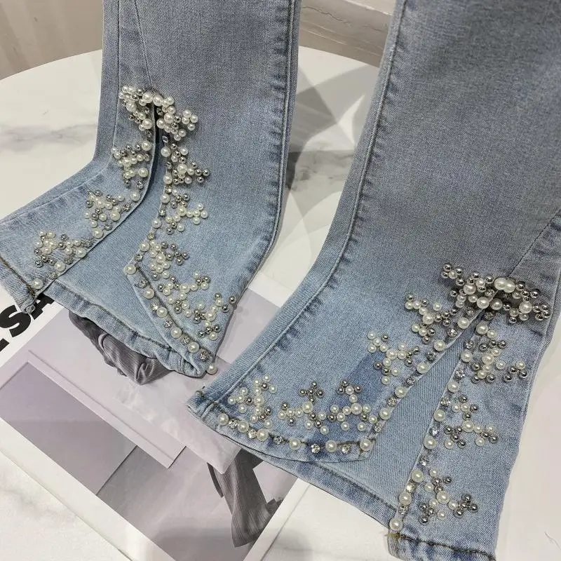 

20201 Spring Autumn Women Long Denim Pants New Pearl Beaded Trousers Slit Design Skinny High Waist Female Ripped Jeans