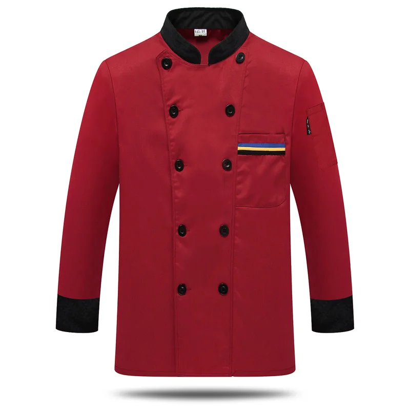 Red full sleeve Мужская рубашка с длинным рукавом, осенняя Униформа шеф-повара, костюмы для повара, для столовой, ресторана, печать, дышащие мужские топы - Цвет: Red full sleeve