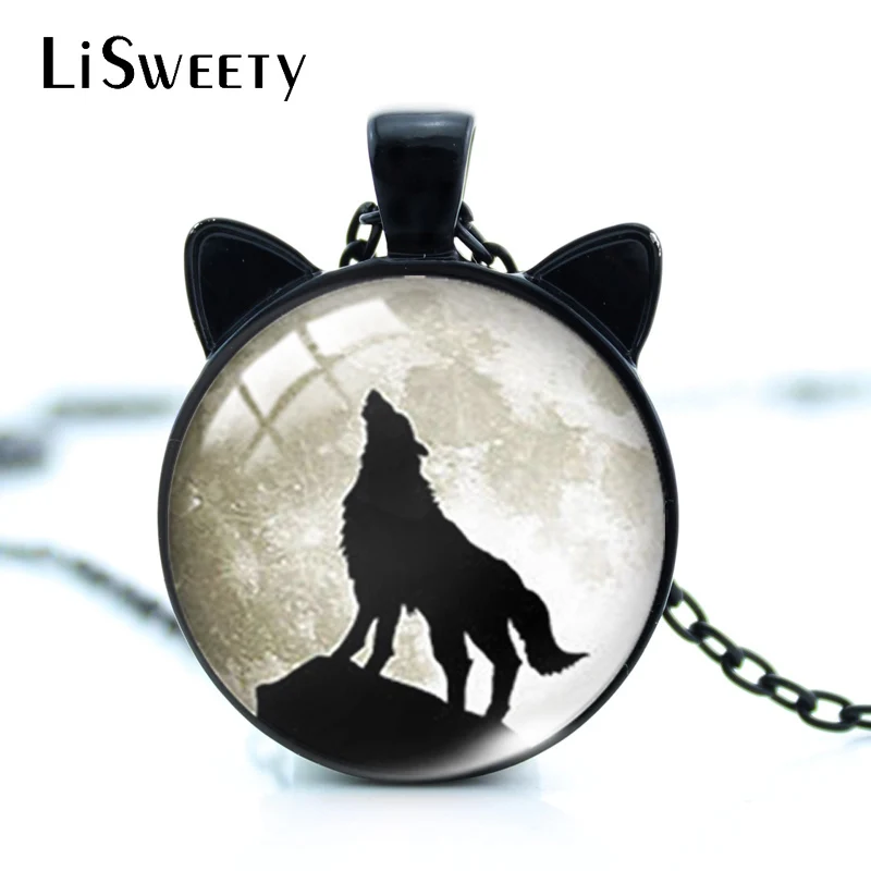 

New Fashion Wolf and Rose Black Cat Ears Pendant Moon Wolf Glass Cabochon Handcraft Jewelry Necklace