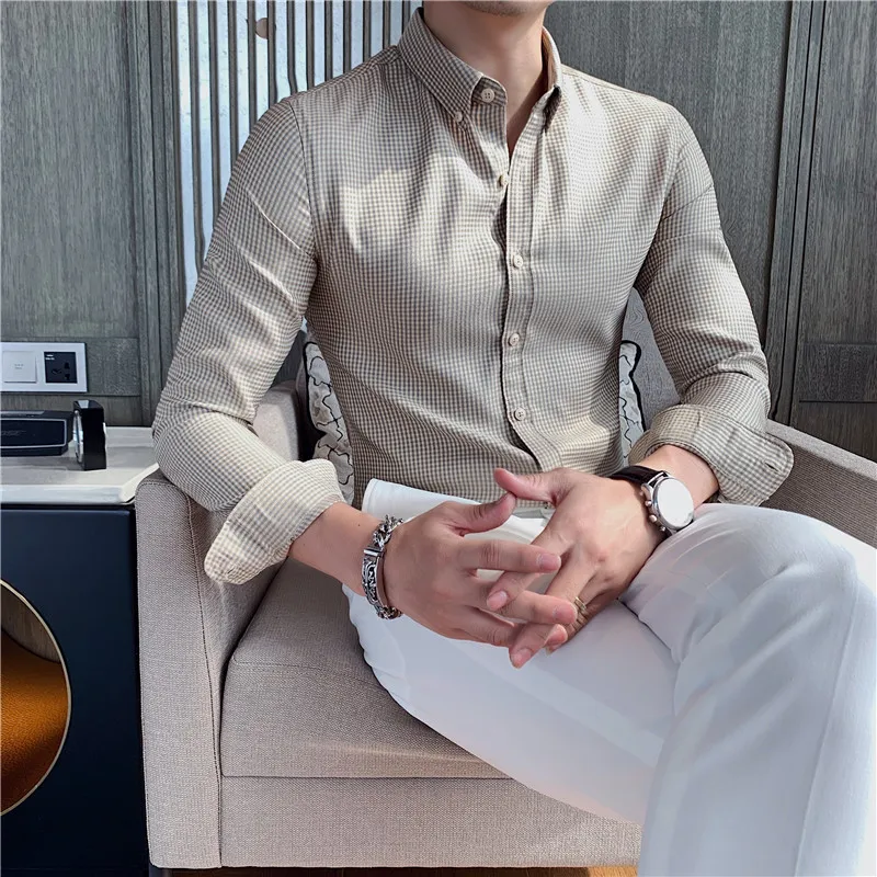 

Рубашка мужская в клетку, деловая Повседневная приталенная формальная сорочка с длинными рукавами, одежда для вечевечерние, осень