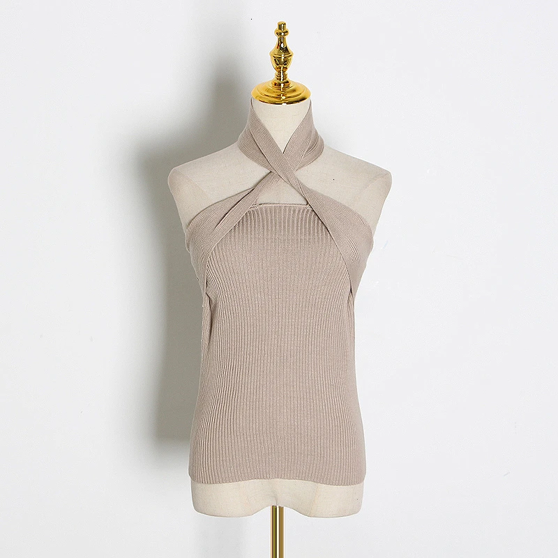 

CHICEVER Solid Sleeveless Sexy Women Sweater Halter Off Shoulder Slim Knitted Tops Female Fashion Summer 2020 New Clothes Tide