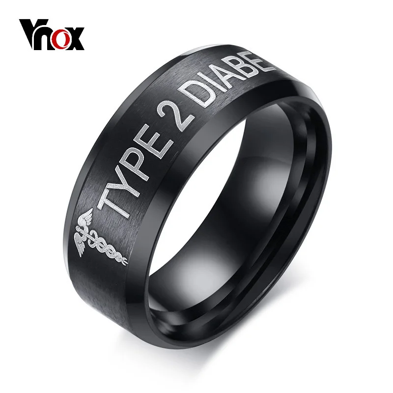 Vnox медицинское оповещение гравированный Тип 2 кольцо для диабетиков мужчин