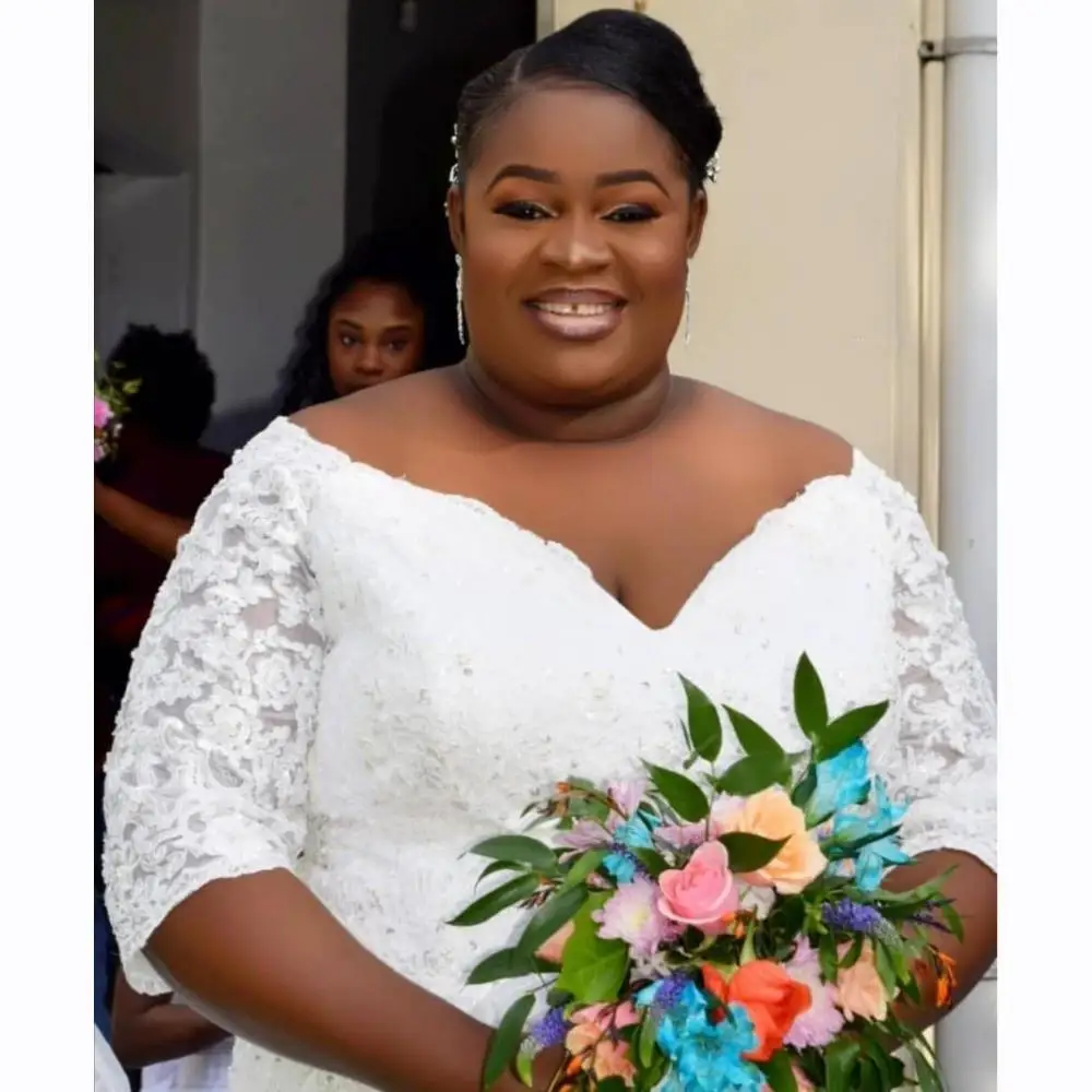Review African Wedding Dresses V Neck Half Sleeves Lace Appliques Plus Size Mermaid Bridal Gowns Beaded vestido de noiva