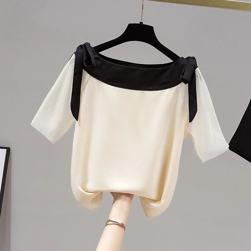 

New Fashion 2022 Summer Shirts For Women Short Sleeves Bow Shoulder Casual Chiffon Shirt Female Pullover Tops Ladies Blouse