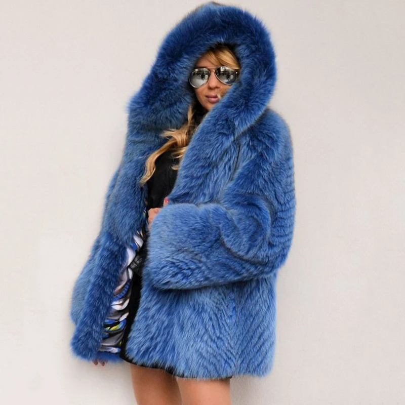 2022 New Real Fox Fur Coat With Hood Thick Warm Fur Overcoats Luxury Whole Skin Genuine Fox Fur Jackets Winter Trendy Overcoats