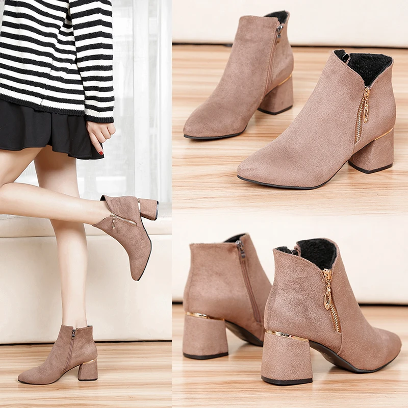 Зимние женские ботильоны Черные зимние ботинки из искусственной замши Ботинки