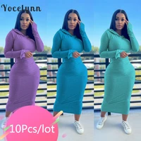 10pcs bulk items wholesale lots casual solid color hooded long dress long sleeve bodycon dress 2021 y2k autumn outfits for women