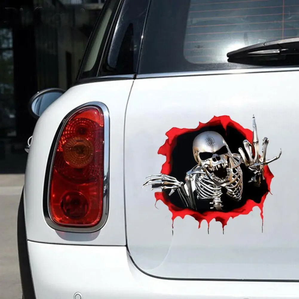 

3D Skeleton Skull In The Bullet Hole Reflective Car Terror Skeleton Automobile Auto Decals Stickers Peeked 15*14cm H6S8