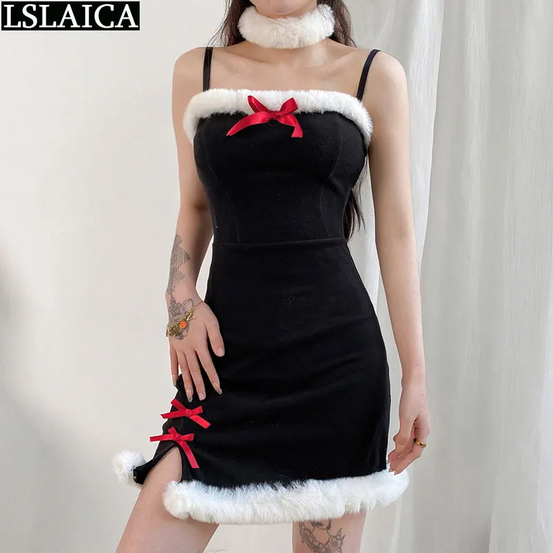 

Christmas Dress Bowknot Plush Stitching Contrast Color Split Sling Dress New Sleeveless Mini 2020 Women Fashion Clothing