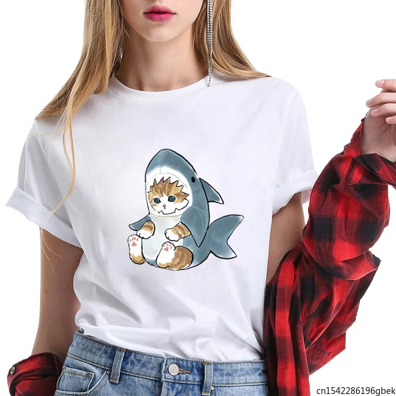 

Summer Women O-Neck Kawaii Cat T Shirt Aesthetic Girls Funny Tops Size M-5XL