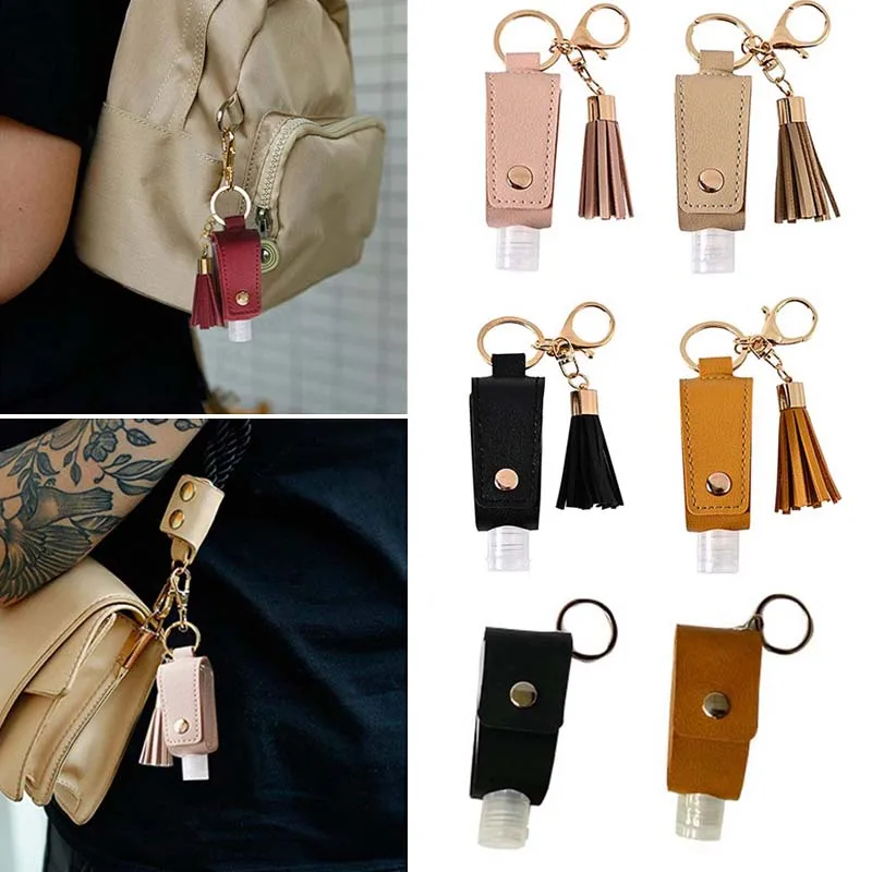 

Tassel Keychain with 30Ml Bottle Portable Empty Hand Sanitizer Leakproof Plastic Bottles Pu Leather Key Chains Holder Carriers