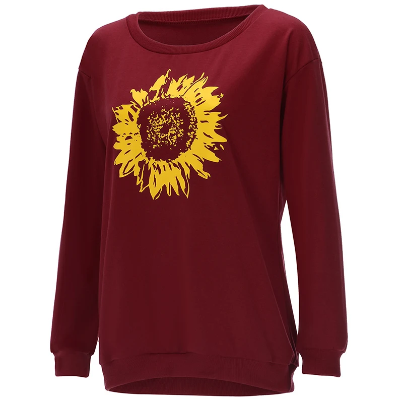 Женский пуловер с длинным рукавом круглым вырезом и цветочным принтом|Женские