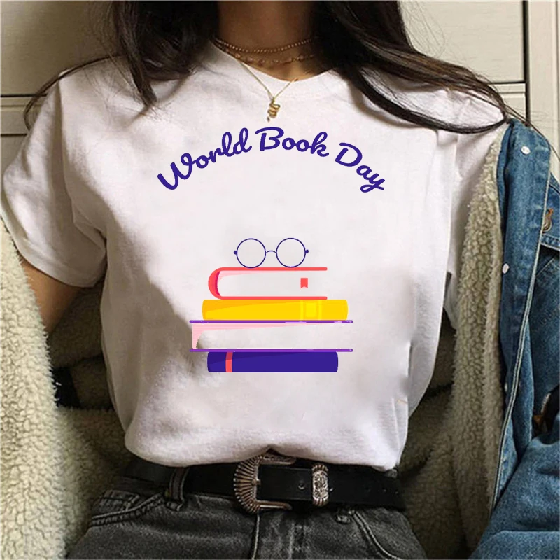 

Women T Shirt Graphic Top Tee Mountain Of Books Funny T Shirt O-Neck Oversized White T-Shirt Vintage Ullzang Female Clothing