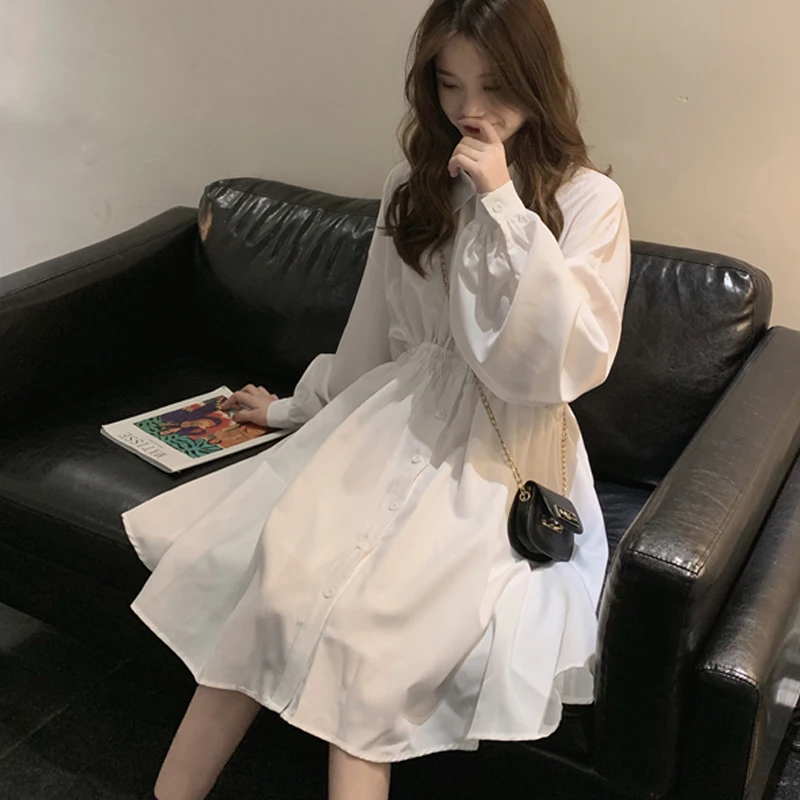 

2021 White Woman Dress Lantern Sleeve Solid Plus Size Dresses Vintage Single Breasted Women Shirts Dresses Vestidos 14510