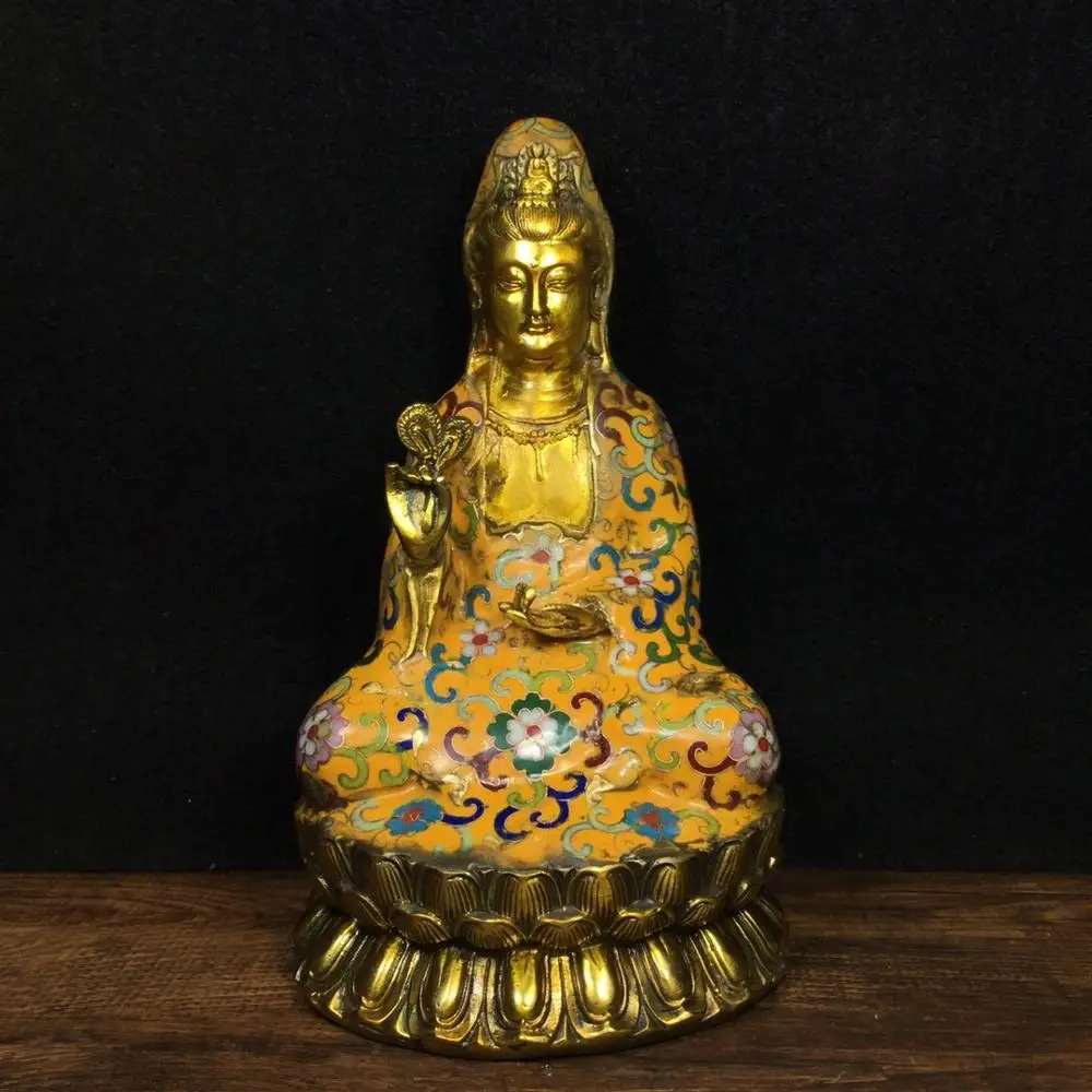 

8" China Folk Collection Pure copper cloisonne filigree enamel color Guanyin statue Buddha statue of Avalokitasvara keep us safe