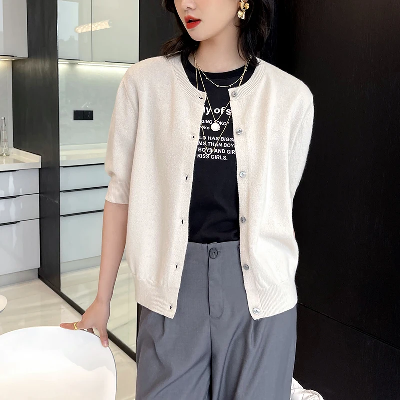 

Женский трикотажный кардиган Wemen, мягкий свитер с круглым вырезом и коротким рукавом из 100%-ной шерсти, джемпер, верхняя одежда для весны и ос...