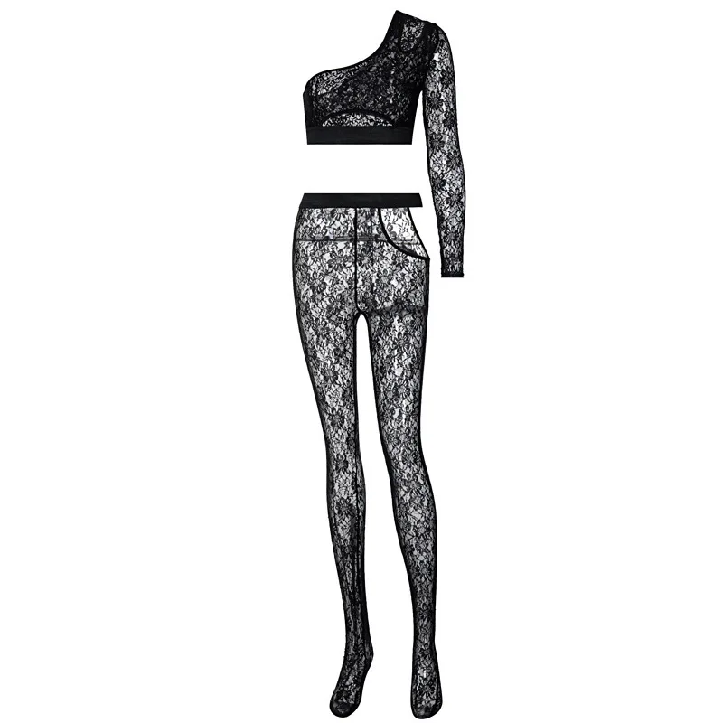 

2021 spring and summer European and American women's new sexy lace two piece set perspective hollow fashion leisure suit