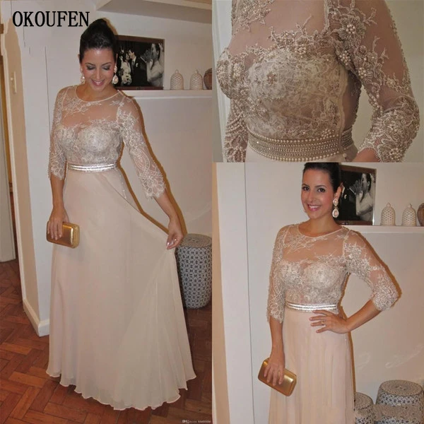 Шифоновые платья для матери невесты, женские, Kurti, 3/4, рукава, бусины, жемчужины, кружева шампанского, vestido de madrinha farsali