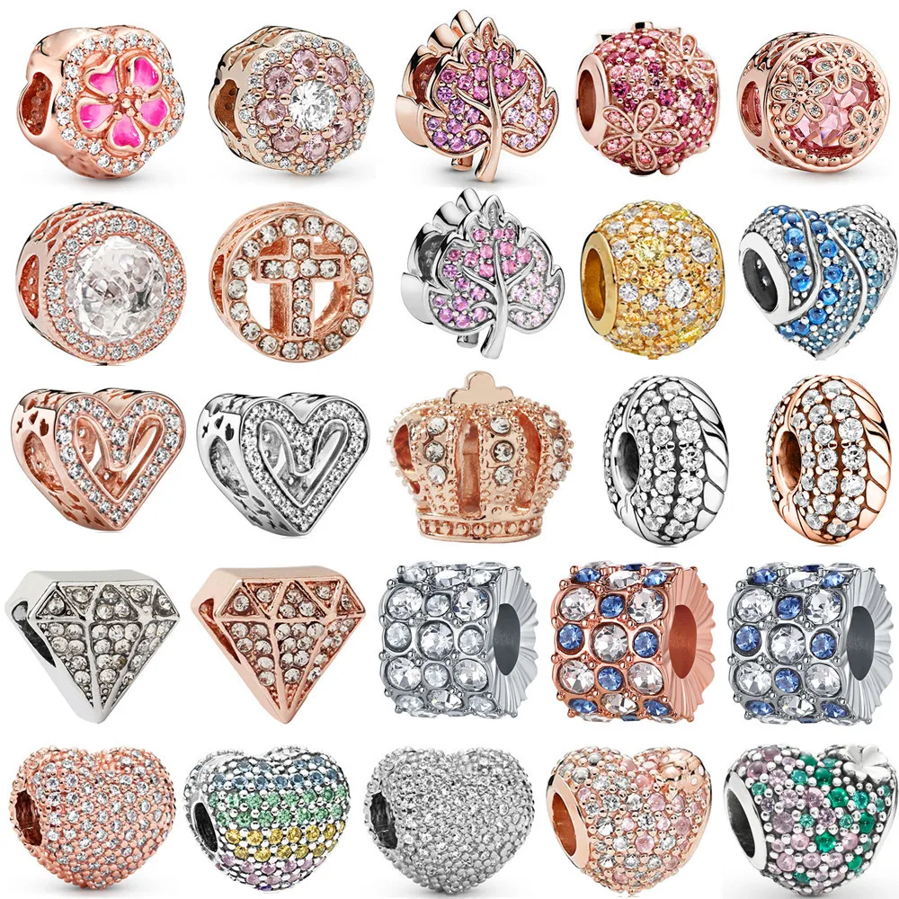 

New Shiny Full Rhinestone Crown Heart DIY Beads Suitable for Original Pandora Charm Bracelet Ladies European Jewelry Making Gift