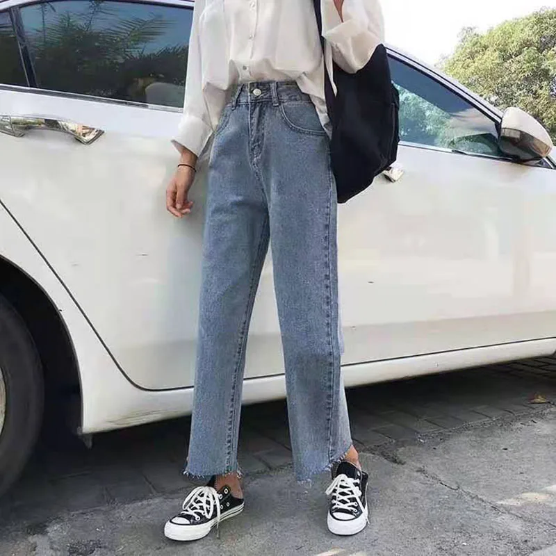 

2021 new denim wide-leg pants women's plus size high waist drape fat sister loose straight daddy nine-point pants